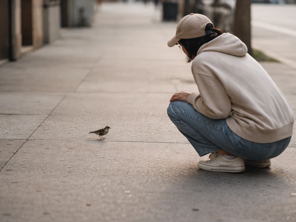 Person crouching and slowly backing away from a small bird on a quiet sidewalk