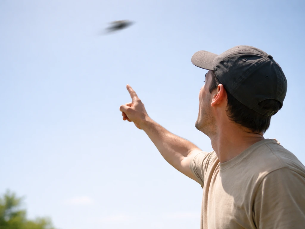 Anonymous person pointing at a small moving shape in the sky, caught mid-surprise with motion blur.