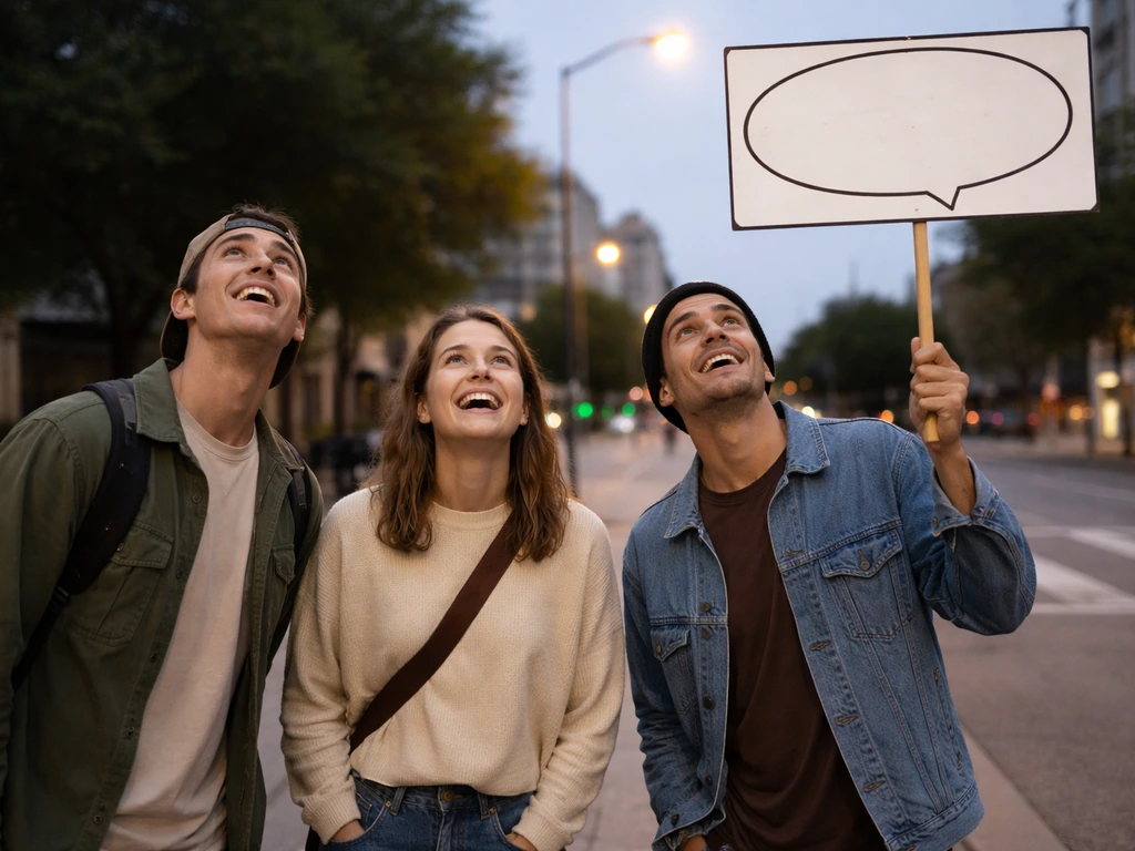 Anonymous bystanders on a quiet street look up with playful expressions, one holding a blank reveal sign.