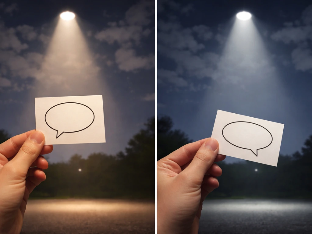 Split-screen: left comedic speech-bubble vibe, right serious confusion vibe in a minimal spotlight sky scene