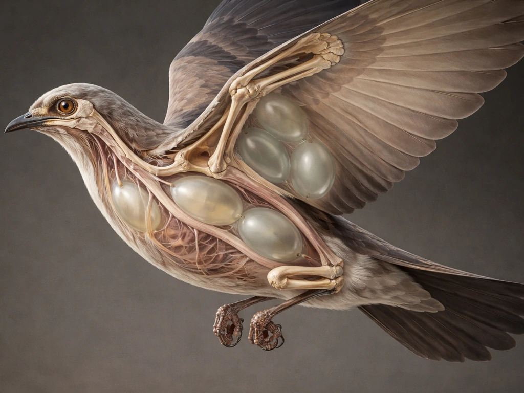 Side cutaway of a flying bird showing hollow reinforced bones and internal air sacs for weight management.