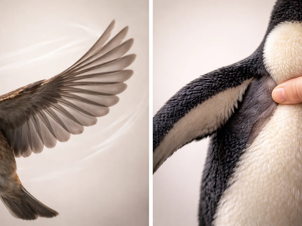 Side-by-side close-up of a flying bird wing versus a flightless bird wing and reduced chest structure.