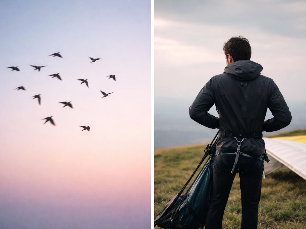 Split photo: birds at dusk versus an anonymous person training outdoors with a wing harness.