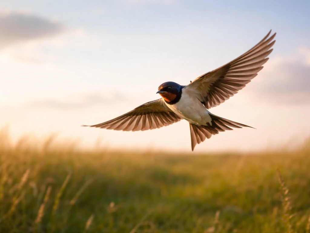 A small bird gliding with wings spread and tail control visible against a clear sky.