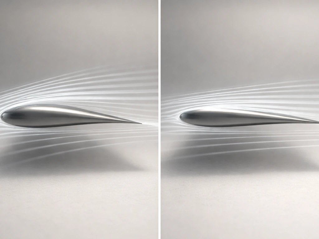 Close-up photo of simplified wing cross-sections with airflow over the top moving faster than below.