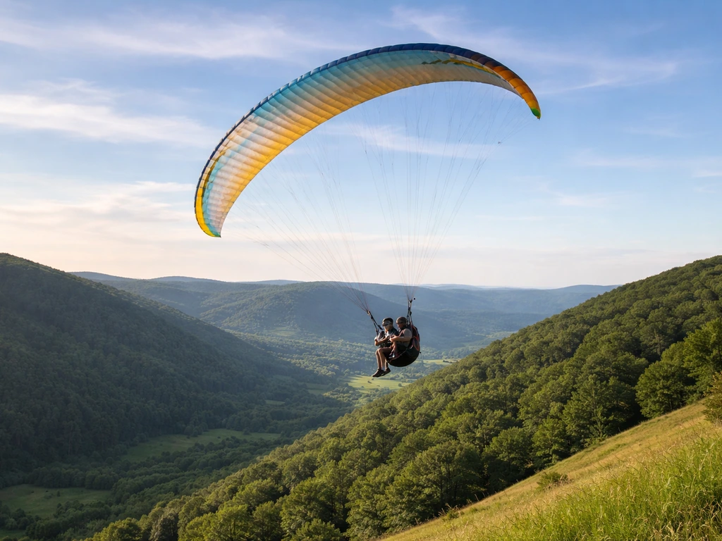 Tandem paragliding pair banking over a green hillside with canopy clearly visible