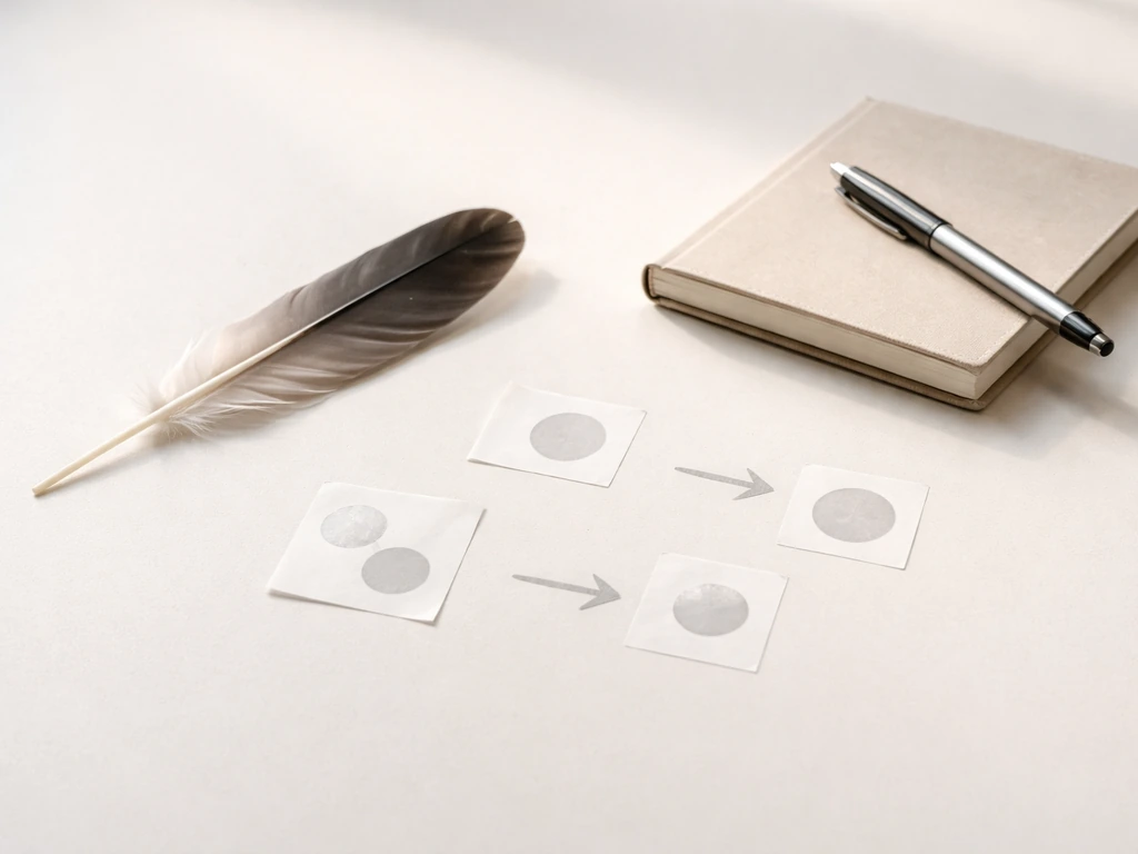 Minimal desk scene with a bird-feather and small arrow icons showing sequencing/conditional LSAT rule translation