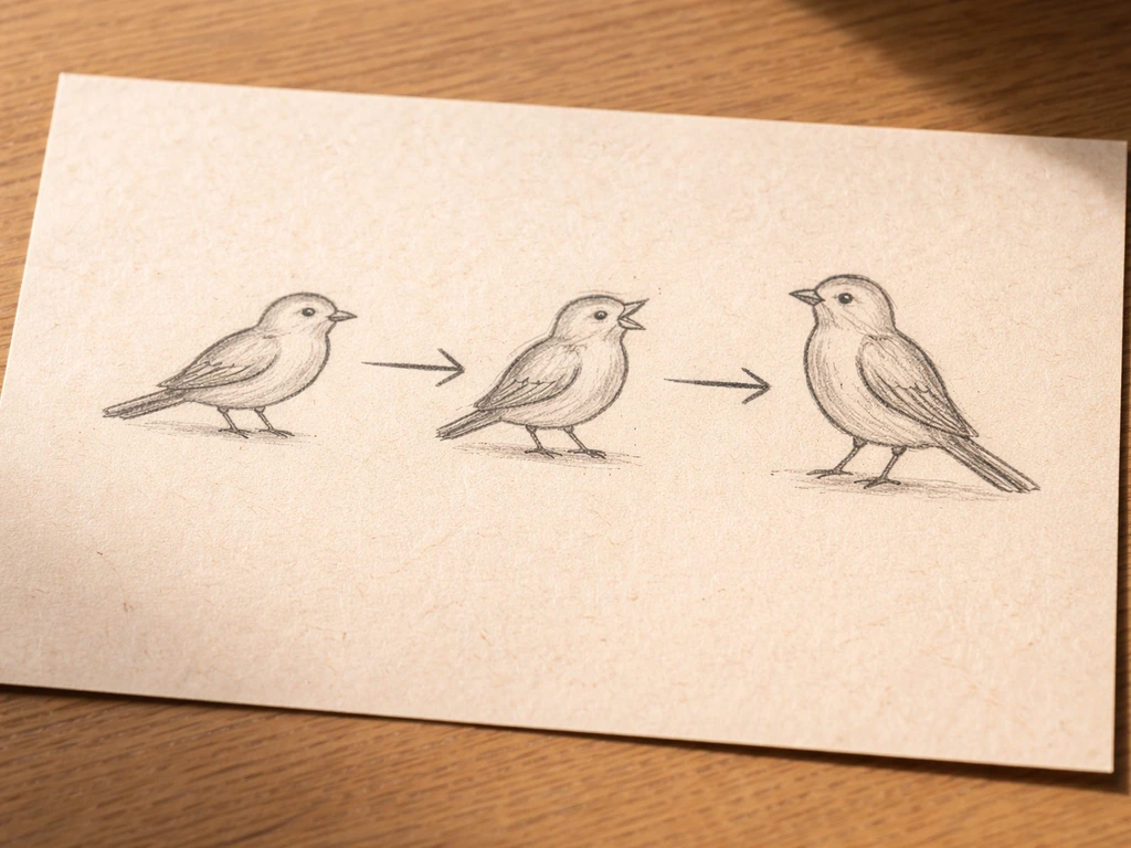 Minimal desk scene with a paper showing arrows connecting bird names for relative ordering