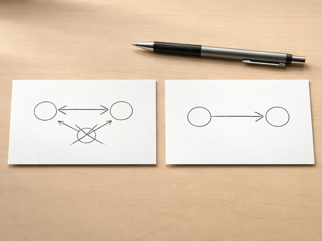 Minimal desk photo with two blank cards showing contrasting arrow directions for a conditional logic mistake.