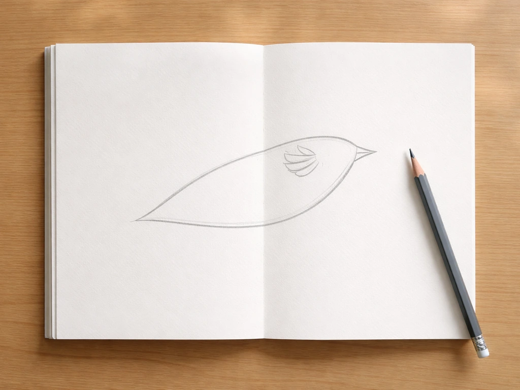Overhead view of an open sketchbook with a simple top-view bird outline and pencil strokes