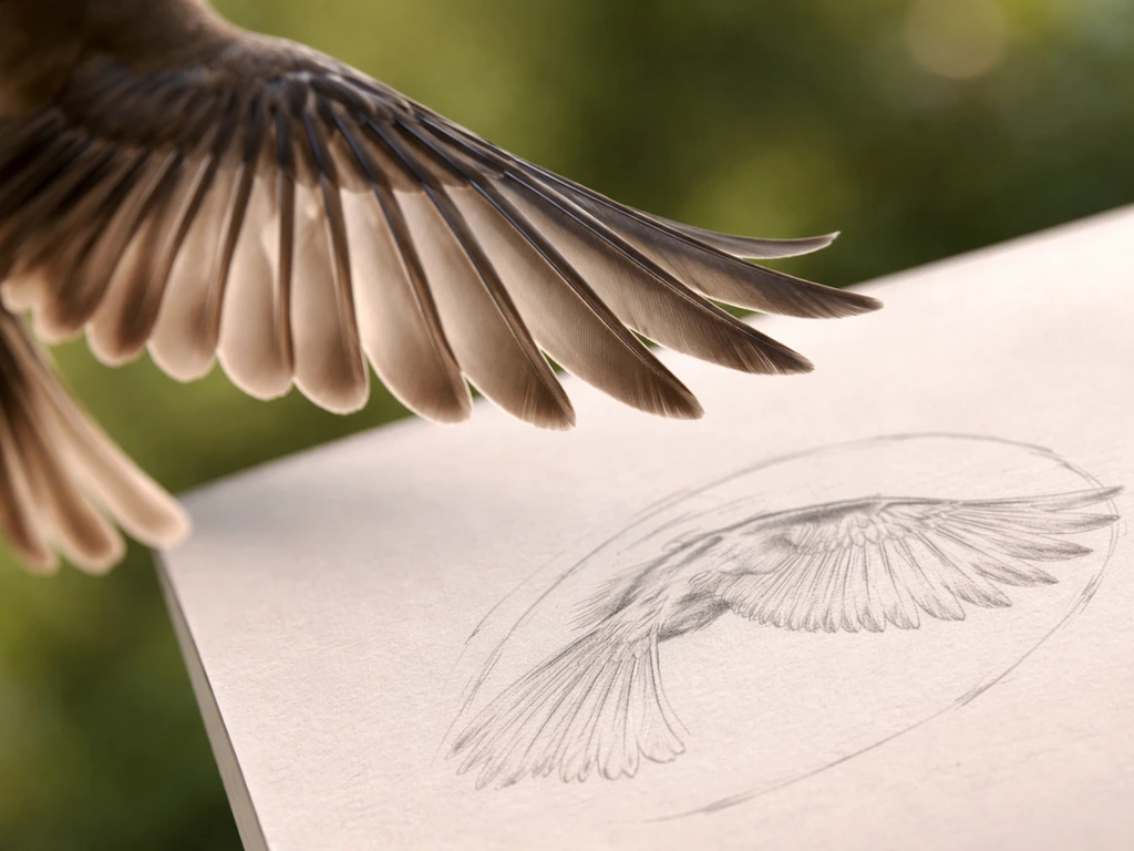Bird wingtip close-up mid-beat with fanned primary feathers, plus a faint overhead sketch of the wing position.