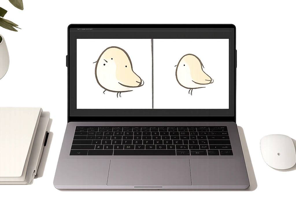 Overhead bird drawing being exported to a transparent PNG, shown on a checkboard background