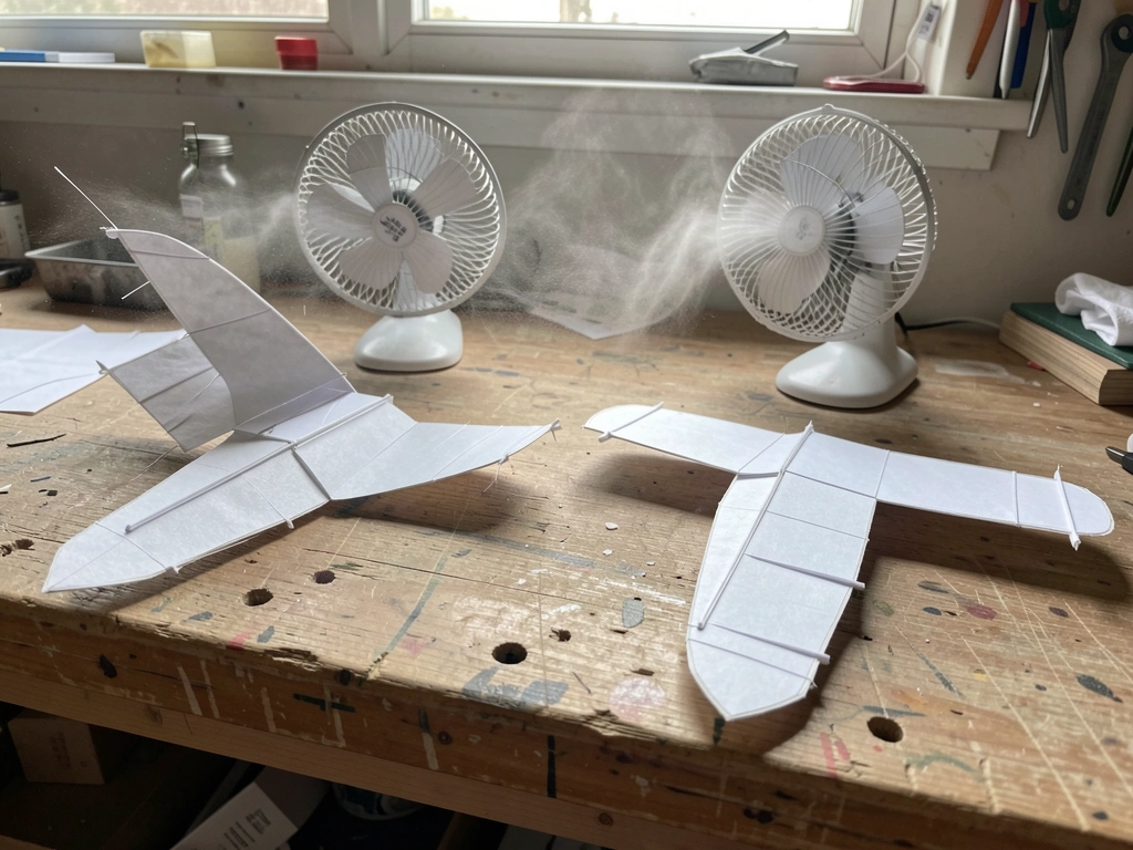 Side-by-side wing models with angled leading edge for flapping and gliding airflow.