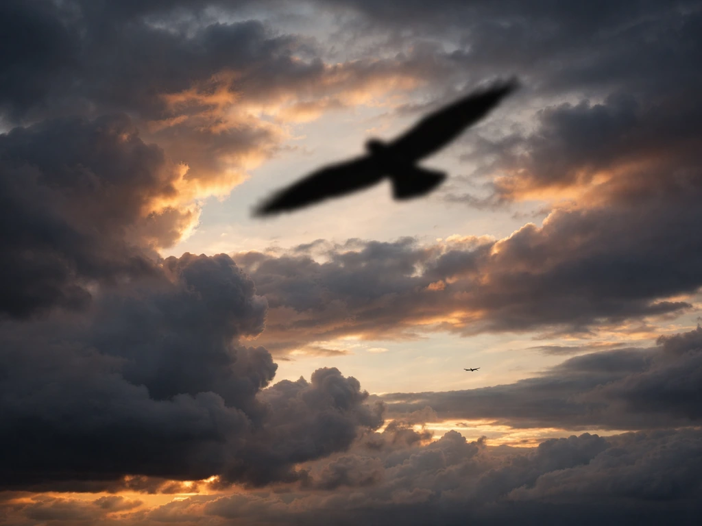 High-contrast clouds with a large bird-like silhouette and a small distant aircraft-like shape in the sky.