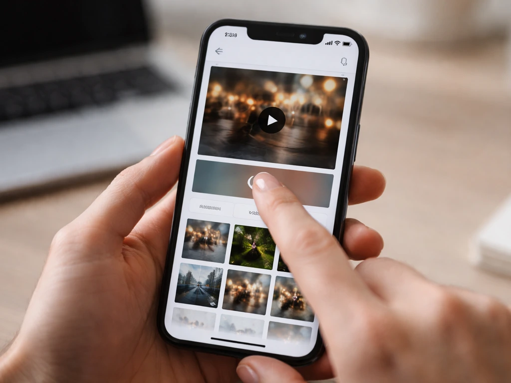 Close-up of a phone uploading a paused GIF frame to visual search with match tiles on screen.