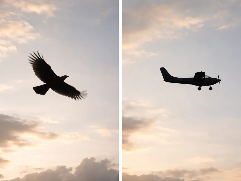 Two small silhouettes in the sky—flapping bird and flying plane—seen from below against soft clouds.