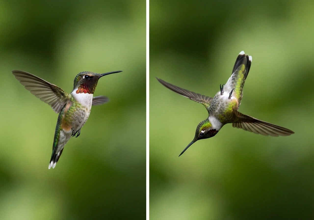 Two-panel photo comparing hummingbird backward flight and a pitched escape maneuver, minimal and realistic.