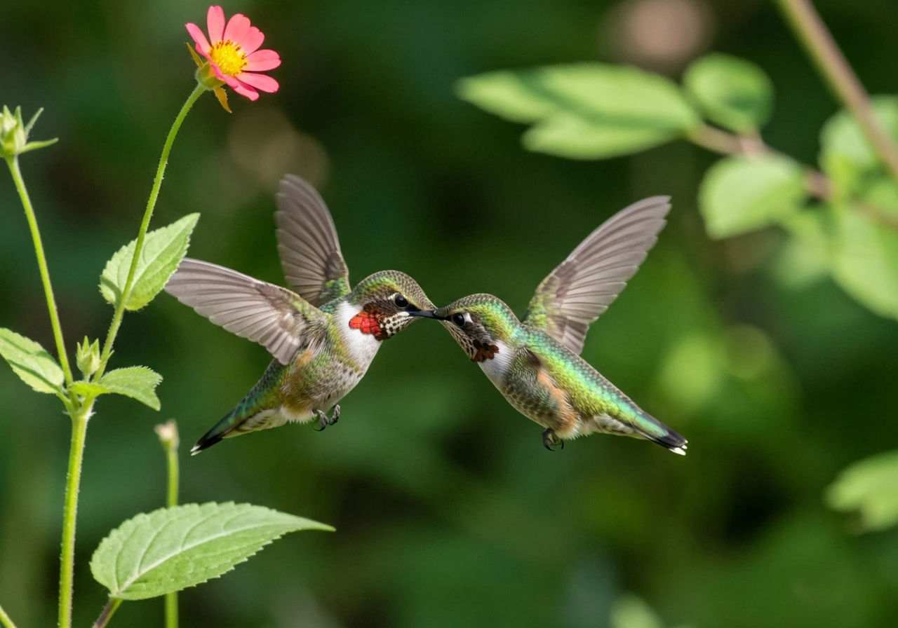 Tiny hummingbird hovering at a flower in a garden, then backing away as it retreats