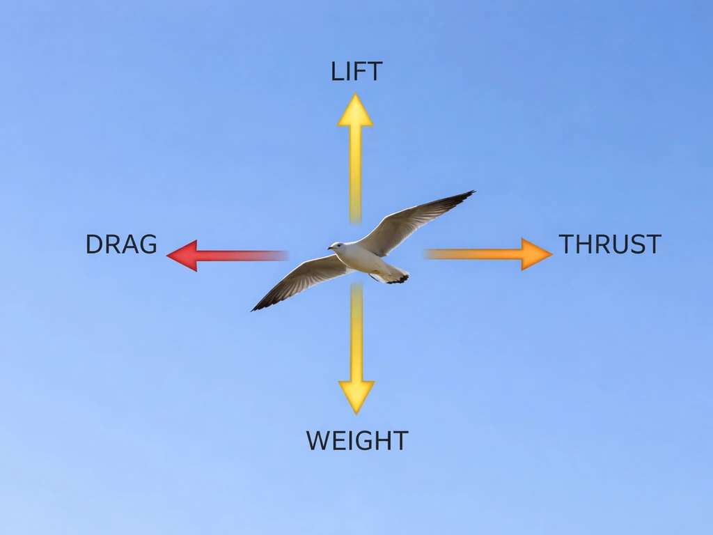 Minimal diagram-like photo of a bird in flight with four labeled force arrows around it