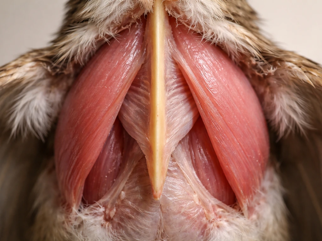 Close-up of a bird sternum keel with attached flight muscles showing a wing-powered structure