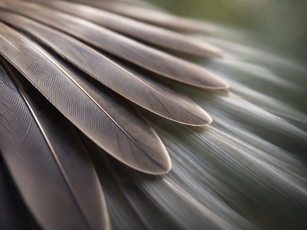 Macro close-up of bird primary feathers, textured barbs and airflow shaping the wing surface.
