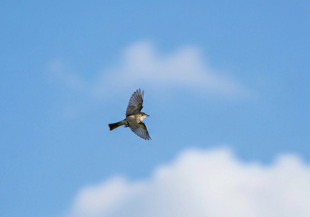 Small bird gliding in a clear blue sky, centered against open clouds.