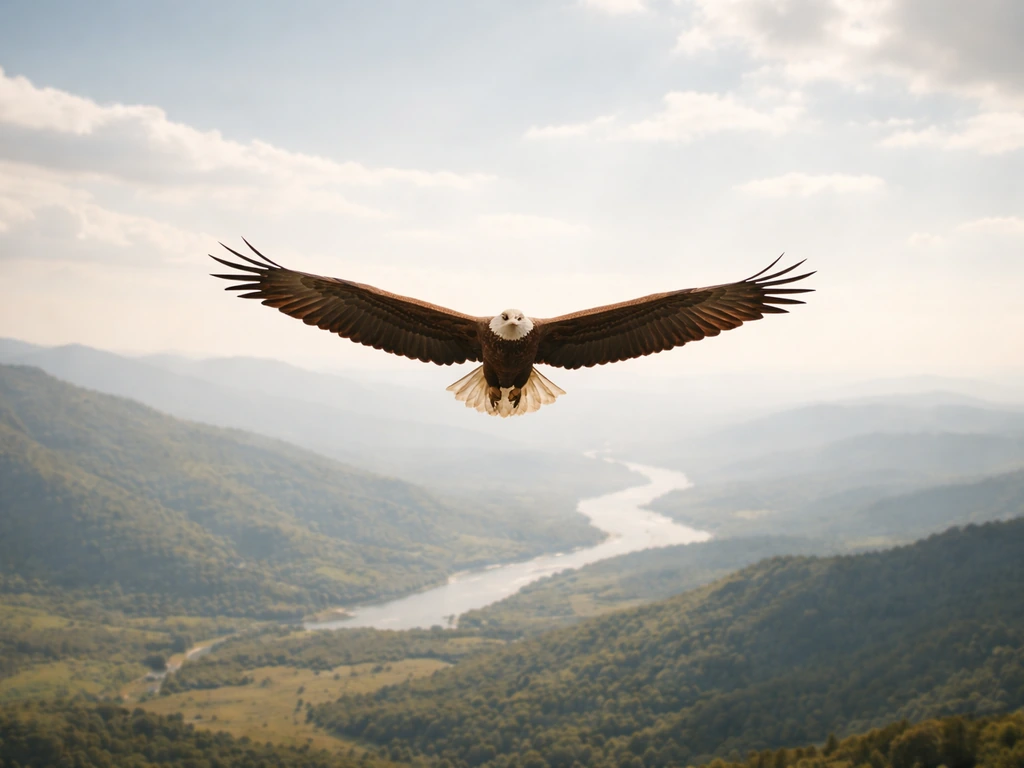 A bird gliding with wings spread over rolling hills under a bright sky.
