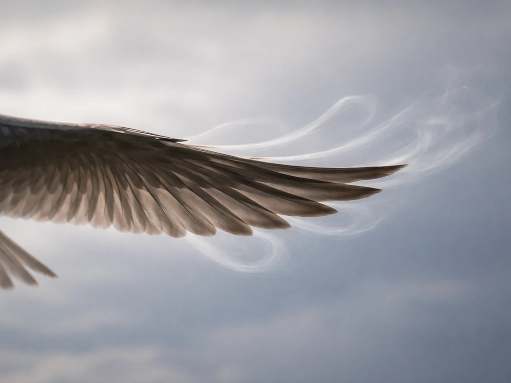 Crisp downstroke moment of a bird wing, feathers angled against air with subtle trailing vortices.