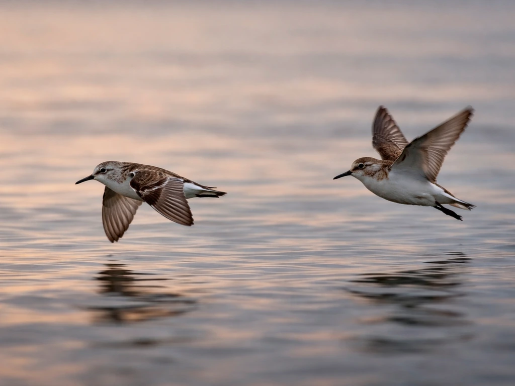 Two birds in profile: one gliding with wings folded, one flapping actively above water at dusk.