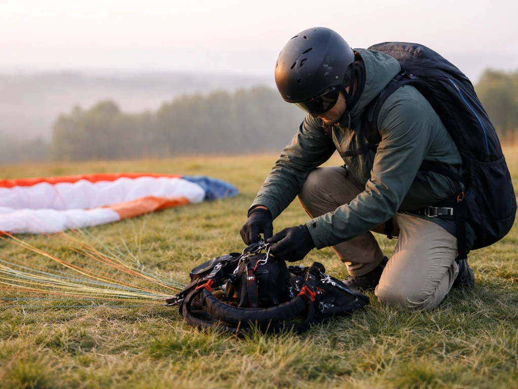 Instructor preparing a paragliding harness and helmet on a quiet grass launch area.