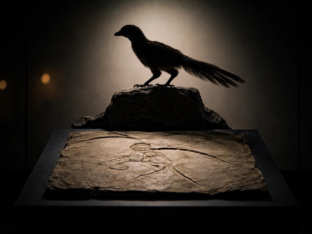 Feathered early avialan perched above a fossil slab in a dim museum display, silhouetted and dramatic.
