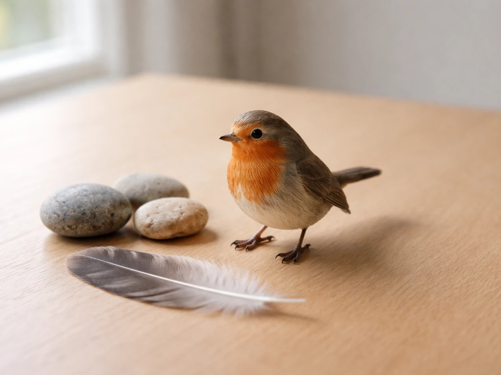 Minimal photo of a desk with a small model bird and nearby feather, symbolizing “bird” vs “bird-like.”