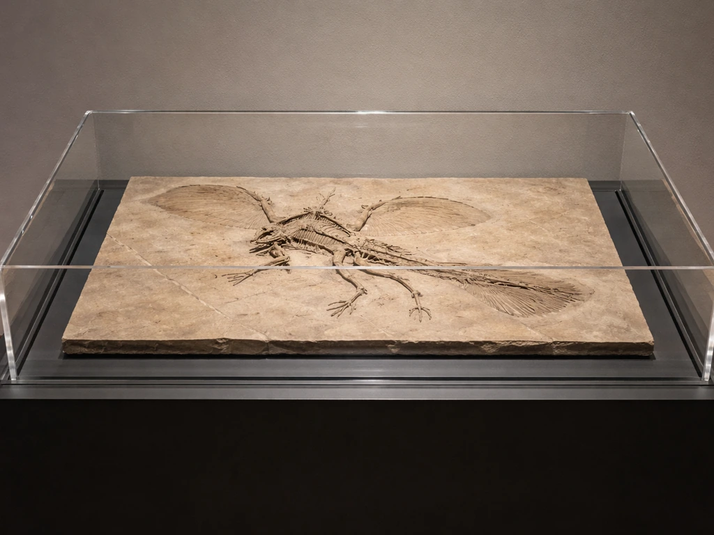 Xiaotingia zhengi fossil on display in a clear museum case, softly lit and sharply detailed.