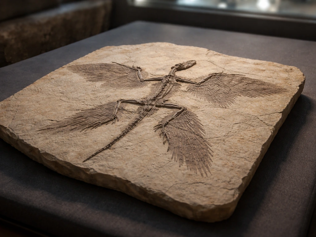 Microraptor gui fossil on a dark pad, showing four-winged fore- and hindlimb impressions.