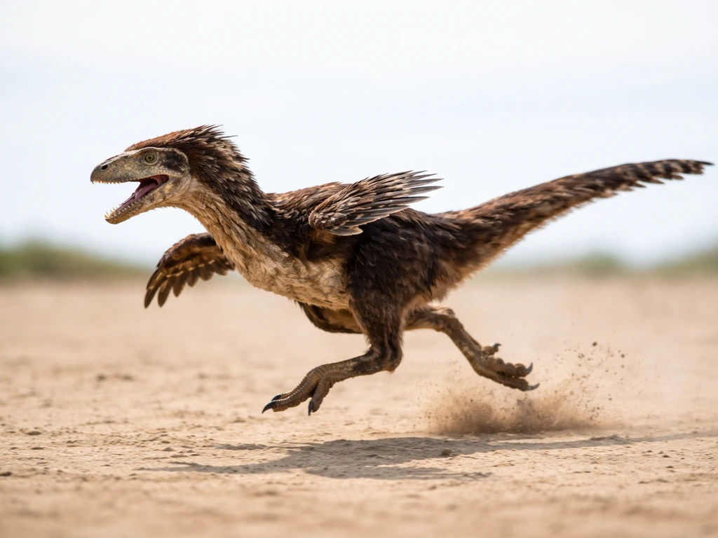 Feathered theropod mid-leap on sandy ground, forelimbs raised as if aiding lift.