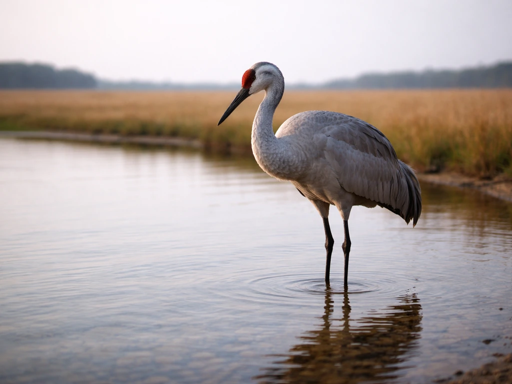 A large crane standing still in shallow water, long legs and heavy body visible in minimal natural scenery.