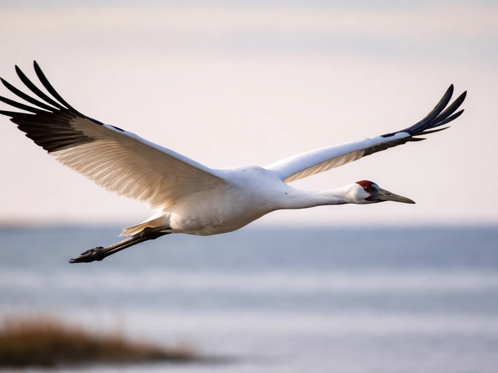 Close-up of a crane in flight with wings spread, illustrating broad wings and span over the body.