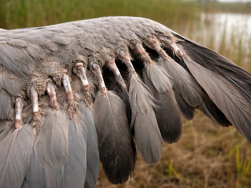 Close-up of a crane wing in molt showing missing primaries and emerging pin feathers.