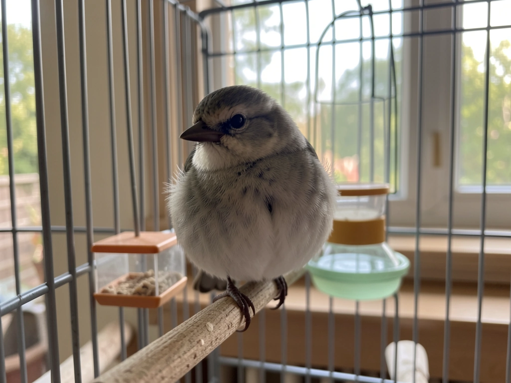 Owner watches a puffed bird with uneven wing posture to check stress and discomfort.