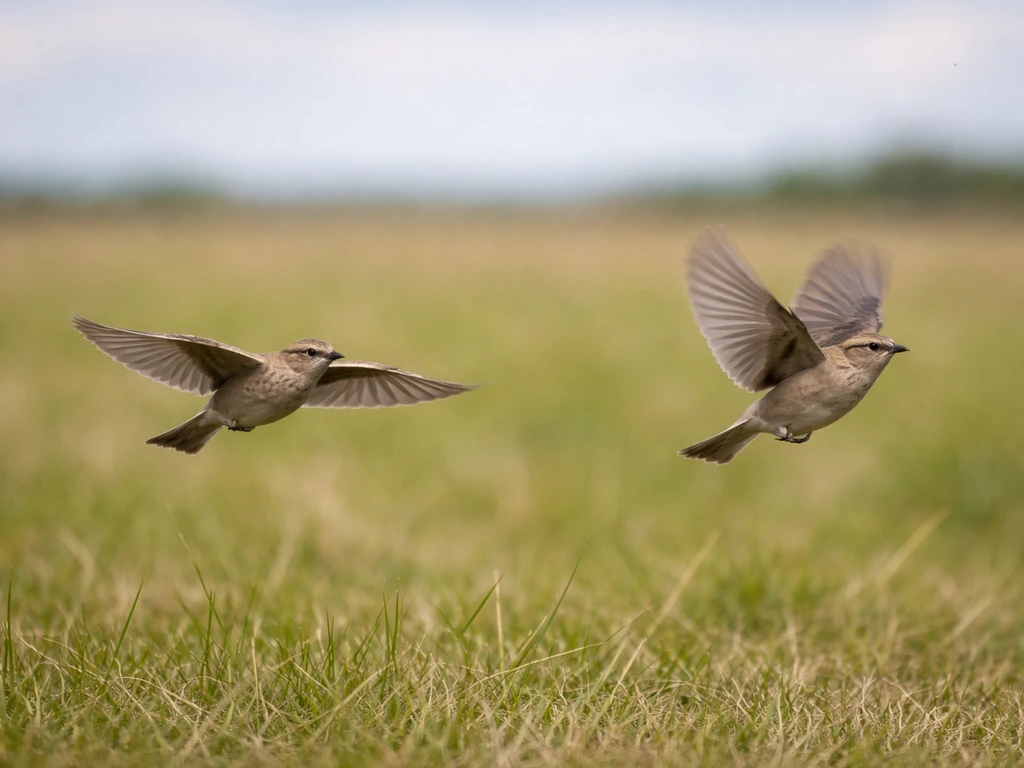 A bird gliding with wings held steady beside a wing-pumping bird in flight, minimal field backdrop.