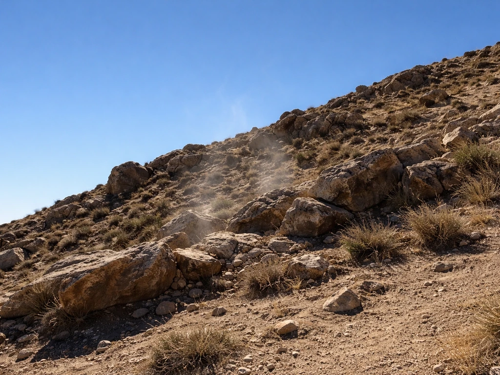 Sun-warmed rocky hillside with a faint rising column of warm air showing how thermals lift gliders.