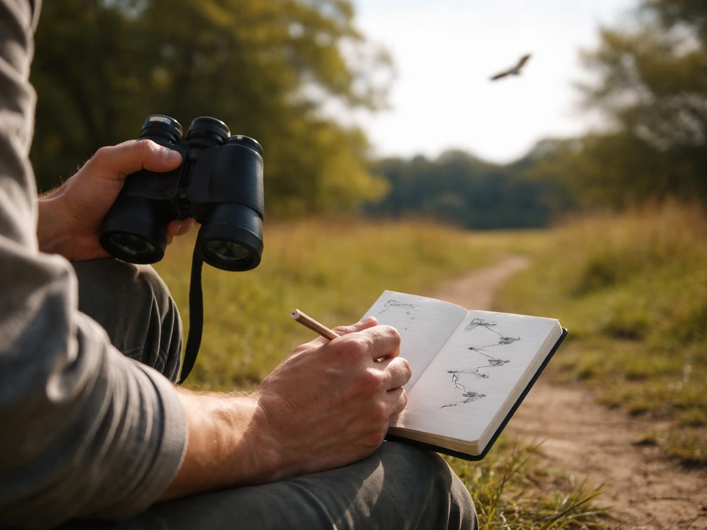 Person in a park observing a bird glide with binoculars and jotting wing posture in a simple notebook.