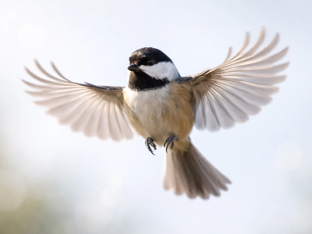 A small bird mid-wingbeat with wings spread, captured in crisp slow-motion style against a soft sky.