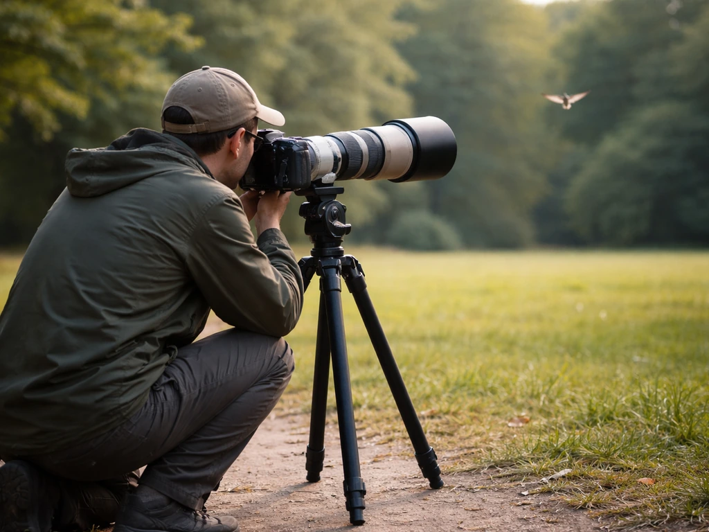 Photographer filming a hovering bird using a tripod and telephoto lens for high-frame-rate slow-motion