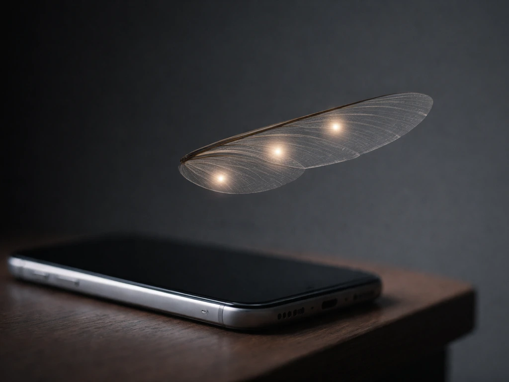 Close-up of a smartphone recording a slow-motion wing in front of a dark background, showing subtle frame markers.