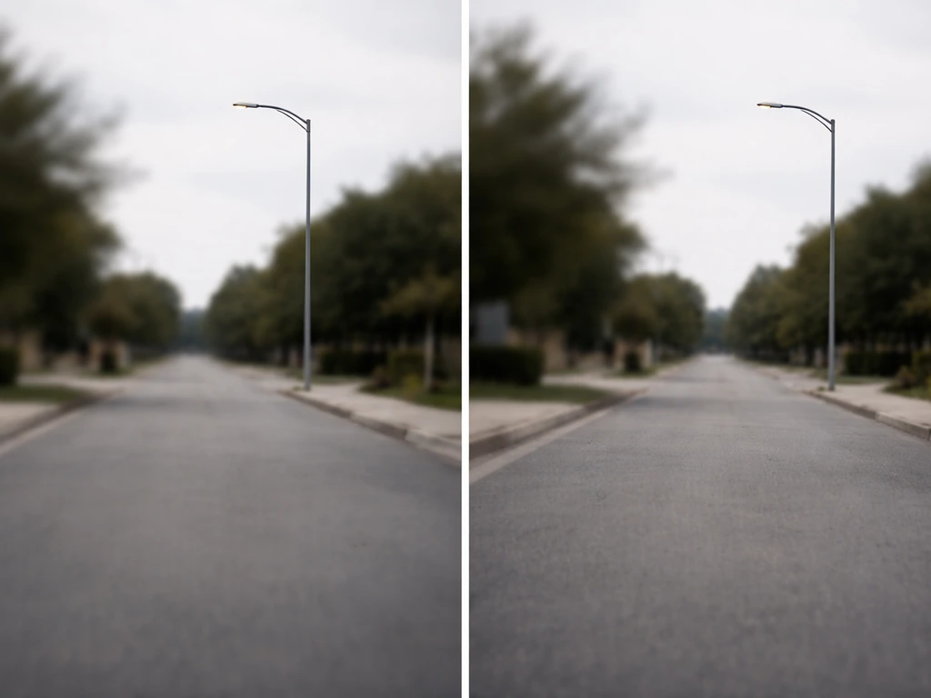 Side-by-side view of handheld telephoto jitter versus stabilized tripod footage of a distant streetlight.
