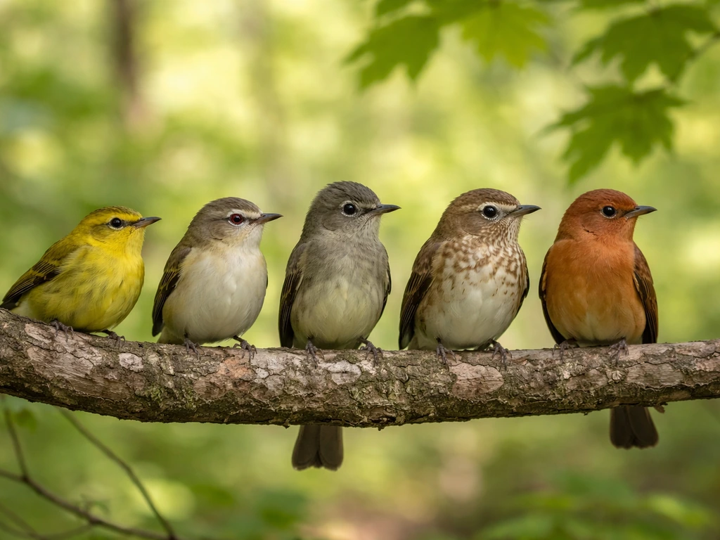 Five small neotropical migrant birds perched side-by-side on a branch in dappled forest light.