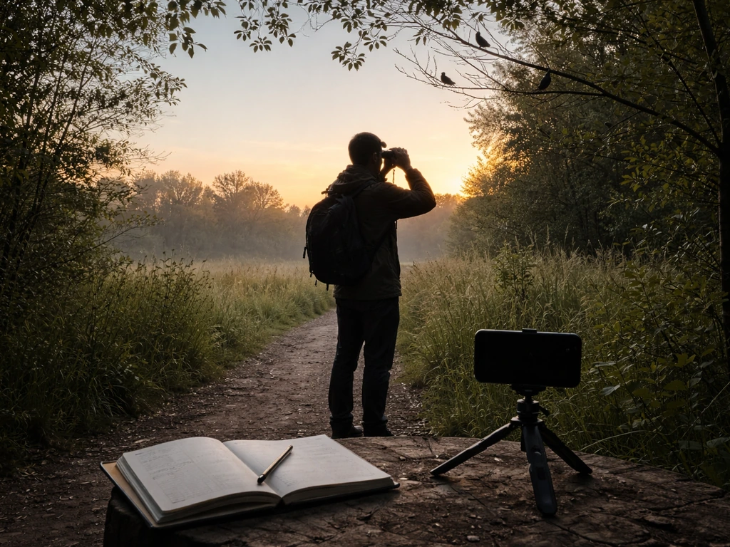 Anonymous birdwatcher at dawn with binoculars, small songbirds on branches, notebook and phone in hand.