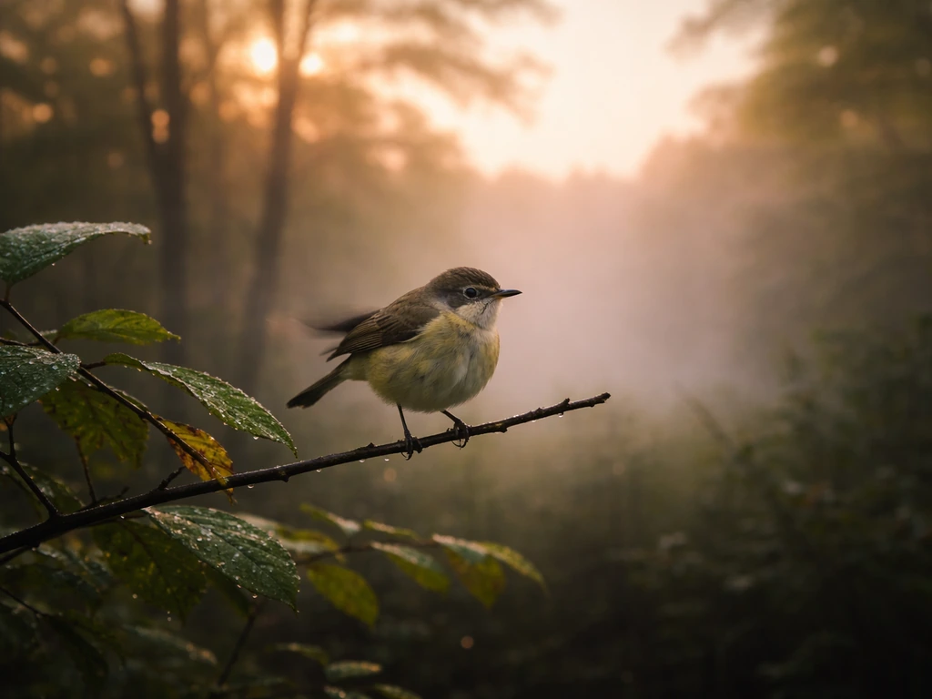 Small migratory songbird perched at dawn with mist and sunrise light after night flight.