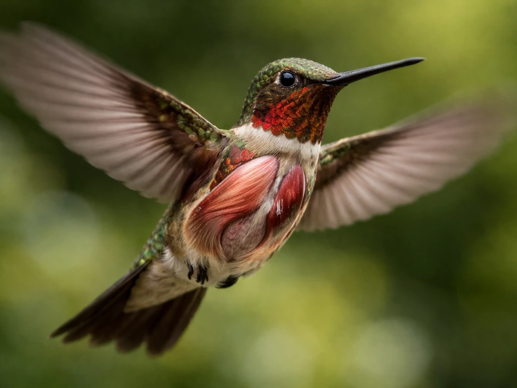 Hummingbird close-up with visible chest muscles showing downstroke and upstroke mechanics